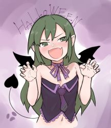 Rule 34 | 1girl, alternate hairstyle, bare arms, bare shoulders, bat wings, blush, bow, bowtie, bustier, choker, collarbone, commentary request, corset, costume, d. (kamabokorhapsod), demon tail, fangs, flat chest, green eyes, green hair, hair down, halloween, highres, igarashi futaba (shiromanta), looking at viewer, medium hair, midriff, navel, neck ribbon, open mouth, outstretched hand, paw pose, pointy ears, ribbon, ribbon choker, senpai ga uzai kouhai no hanashi, sleeveless, smile, solo, tail, vampire, vampire costume, wings