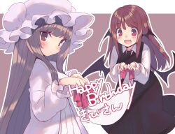 Rule 34 | 2girls, black skirt, black vest, black wings, breasts, bun cover, closed mouth, commentary request, cowboy shot, demon wings, double bun, dress, feet out of frame, frilled hat, frilled sleeves, frills, gift art, hair bun, happy birthday, hat, holding banner, koakuma, light brown hair, light frown, long hair, long skirt, long sleeves, medium breasts, mob cap, multiple girls, multiple wings, outline, patchouli knowledge, pleated dress, pleated skirt, puffy long sleeves, puffy sleeves, purple hair, purple hat, purple robe, purple sleeves, red background, red eyes, red hair, robe, sidelocks, simple background, skirt, straight hair, touhou, usamata, very long hair, vest, white dress, white outline, wings