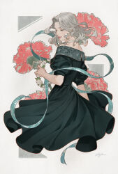 Rule 34 | 1girl, arm at side, bare shoulders, black dress, blunt ends, carnation, curly hair, dress, earrings, eyelashes, fabric, floating hair, floral background, floral print, flower, grey background, grey hair, half-closed eyes, hand up, head wreath, head wreath removed, holding, holding wreath, jewelry, light smile, looking down, medium hair, nape, off-shoulder dress, off shoulder, original, parted bangs, parted lips, pink carnation, pink flower, puffy short sleeves, puffy sleeves, ribbon, rose, short dress, short sleeves, signature, simple background, solo, suda ayaka, tassel, tassel earrings, white flower, white rose