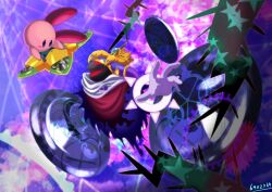 Rule 34 | artist name, black hole, blue eyes, commentary request, crown, disembodied limb, gears, gloves, hat, highres, horns, kirby&#039;s return to dream land, kirby (series), looking at another, magolor, master crown, nintendo, no humans, open hand, open mouth, rayman limbs, red eyes, smile, spoilers, star (symbol), takenokonoko, thorns, warp star