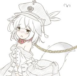 Rule 34 | 1girl, ^ ^, ^q^, animal ears, bare shoulders, blush, chain, clothes down, commentary request, coreytaiyo, d:, fang, feathers, hat, hat feather, jacket, long sleeves, looking at viewer, military hat, nose blush, open mouth, original, shirt, short hair, simple background, sketch, spot color, tail, tears, twitching, white background, wolf ears, wolf tail