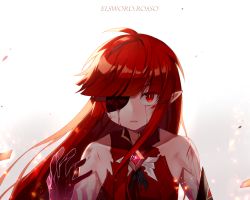 Rule 34 | 1boy, artist request, bad id, bad pixiv id, bare shoulders, blood, blood on face, blunt bangs, character name, collar, copyright name, elsword, eyepatch, fire, floating hair, gem, gradient background, hand up, injury, jewelry, long hair, looking at viewer, male focus, parted lips, pointy ears, red eyes, red hair, rosso (elsword), simple background, slit pupils, solo, source request, straight hair, torn clothes, upper body, white background, wind