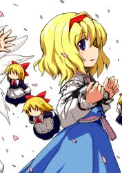 Rule 34 | 2girls, alice margatroid, bad id, bad pixiv id, blonde hair, blue eyes, book, dai-erie, doll, dress, gerijita, grimoire of alice, hairband, lily white, multiple girls, out of frame, petals, shanghai doll, short hair, touhou, wings