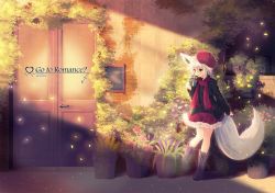 Rule 34 | 1girl, animal ears, bad id, bad twitter id, black sweater, boots, box, brick wall, bush, cross-laced footwear, door, english text, extra ears, flower, flower pot, fox ears, fox tail, frilled skirt, frills, full body, gift, gift box, hair between eyes, hat, ivy, leather, leather boots, light particles, long sleeves, misaki yuu, open mouth, original, overgrown, petals, plant, potted plant, railing, red scarf, red skirt, scarf, skirt, sweater, tail, thick eyebrows, valentine, white hair, yellow eyes
