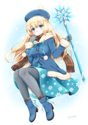 Rule 34 | 1girl, absurdres, bad id, bad pixiv id, beret, blonde hair, blue eyes, blue footwear, blue hat, blue jacket, blue ribbon, blue skirt, blush, boots, breasts, brown scarf, character request, closed mouth, crystal, fringe trim, full body, fur-trimmed jacket, fur-trimmed sleeves, fur trim, gloves, grey gloves, grey pantyhose, hair between eyes, hat, head tilt, hearts recollection, highres, holding, holding staff, jacket, long hair, long sleeves, medium breasts, omoomomo, pantyhose, pom pom (clothes), print skirt, ribbon, scarf, signature, sitting, skirt, smile, solo, staff, very long hair