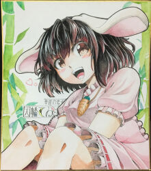 Rule 34 | 1girl, 283win, absurdres, acrylic paint (medium), animal ears, bamboo, black hair, brown eyes, carrot necklace, dress, heart, highres, inaba tewi, jewelry, knees up, looking at viewer, necklace, open mouth, painting (medium), photo (medium), pink dress, rabbit ears, rabbit girl, ribbon-trimmed dress, shikishi, short hair, short sleeves, sitting, smile, solo, touhou, traditional media, white background
