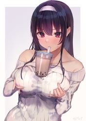 Rule 34 | 1girl, bare shoulders, blush, breast lift, breasts, bubble tea, bubble tea challenge, cup, disposable cup, drinking, drinking straw, hair between eyes, hairband, highres, large breasts, long hair, looking at viewer, off-shoulder sweater, off shoulder, original, outside border, purple eyes, purple hair, ribbed sweater, shiromonefu, signature, solo, sweatdrop, sweater, upper body, white hairband, white sweater