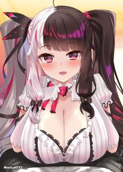 Rule 34 | 1boy, 1girl, batsu, black hair, blush, breast rest, breasts, cleavage, dress, hair bobbles, hair ornament, huge breasts, large breasts, long hair, looking at viewer, multicolored hair, nijisanji, open mouth, red eyes, simple background, split-color hair, streaked hair, striped clothes, striped dress, twintails, two-tone dress, two-tone hair, vertical-striped clothes, vertical-striped dress, virtual youtuber, white hair, yorumi rena, yorumi rena (1st costume)