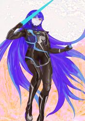 Rule 34 | 1boy, androgynous, armor, arqa, blue hair, bodysuit, collarbone, eyelashes, flying, gloves, long hair, looking at viewer, male focus, protagonist (smtv), purple hair, shin megami tensei, shin megami tensei v, simple background, solo, sword, very long hair, weapon, yellow eyes