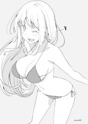 Rule 34 | 1girl, ;d, arms at sides, bikini, blush, breasts, cleavage, collarbone, grey background, greyscale, halterneck, kichihachi, large breasts, legs apart, long hair, looking at viewer, monochrome, navel, one eye closed, open mouth, original, simple background, smile, solo, standing, stomach, swimsuit, twitter username