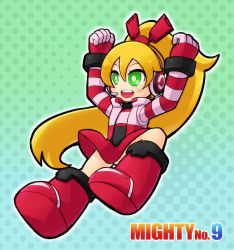Rule 34 | 1girl, android, blonde hair, boots, call (mighty no. 9), call f, dress, eyebrows, fingerless gloves, gloves, green eyes, hairband, headphones, highres, jacket, long hair, mighty no. 9, no humans, open mouth, ponytail, ribbon, robot, shirt, solo