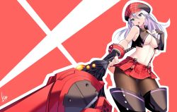Rule 34 | 1girl, alisa ilinichina amiella, boots, breasts, cabbie hat, daive, fingerless gloves, gloves, god eater, hat, highres, huge weapon, large breasts, navel, pantyhose, plaid headwear, skirt, solo, suspender skirt, suspenders, suspenders slip, thigh boots, thighhighs, underboob, weapon