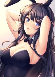 Rule 34 | 10s, 1girl, animal ears, armpits, arms behind head, bad id, bad pixiv id, black bow, black bowtie, black hair, blue eyes, bow, bowtie, breasts, commentary request, detached collar, fake animal ears, hair ornament, hairband, hairclip, large breasts, leotard, long hair, looking at viewer, mutsuba fumi, open mouth, playboy bunny, rabbit ears, sakurajima mai, seishun buta yarou, simple background, solo, upper body