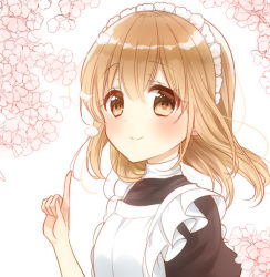 Rule 34 | 1girl, apron, blonde hair, blush, brown eyes, closed mouth, female focus, flower, frilled apron, frills, hair between eyes, maid, maid apron, maid cap, maid headdress, original, ouhara lolong, pointing, pointing up, puffy sleeves, short hair, simple background, smile, solo, uniform, upper body