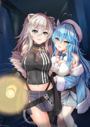 Rule 34 | 2girls, :d, ahoge, animal ear fluff, animal ears, arm hug, bare shoulders, beret, black jacket, black shirt, blouse, blue eyes, blue hair, blue jacket, blue skirt, blush, braid, breasts, brown eyes, center frills, cleavage, cleavage cutout, clothing cutout, commentary request, ear piercing, fang, flashlight, frilled skirt, frills, fur-trimmed jacket, fur-trimmed sleeves, fur trim, grey skirt, hair between eyes, hat, heart, heart ahoge, highres, holding, hololive, indoors, jacket, large breasts, lion ears, lion girl, lion tail, long hair, long sleeves, miyuki rei, multiple girls, off shoulder, open clothes, open jacket, open mouth, piercing, pointy ears, see-through, see-through cleavage, shirt, shishiro botan, shishiro botan (1st costume), silver hair, skirt, sleeveless, sleeveless shirt, sleeves past wrists, smile, sweat, tail, tears, very long hair, virtual youtuber, white headwear, white shirt, wide sleeves, yukihana lamy