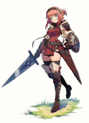 Rule 34 | 1girl, aqua eyes, boots, breasts, character request, highres, kuroi susumu, large breasts, red hair, shield, sword, tagme, weapon