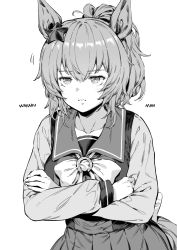 Rule 34 | 1girl, animal ears, bacius, bow, bowtie, collarbone, commentary request, crossed arms, frown, greyscale, hair ornament, highres, horse ears, horse girl, jitome, leaning forward, long sleeves, looking ahead, medium hair, monochrome, pleated skirt, ponytail, sailor collar, school uniform, serafuku, skirt, solo, standing, star (symbol), star hair ornament, taiki shuttle (umamusume), tracen school uniform, umamusume, upper body, white background, winter uniform