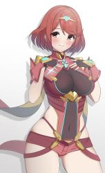 Rule 34 | 1girl, black gloves, blush, breasts, chest jewel, covered navel, cowboy shot, earrings, fingerless gloves, gloves, gradient background, grey background, highres, impossible clothes, jewelry, looking at viewer, medium breasts, pyra (xenoblade), red eyes, red hair, red shorts, shadow, short hair, short shorts, shorts, solo, swept bangs, tiara, tsumugi 1210, white background, xenoblade chronicles (series), xenoblade chronicles 2