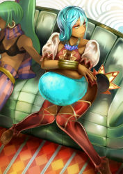 Rule 34 | 10s, 2girls, aqua hair, belt, bikini, bikini top only, boots, cardfight!! vanguard, cleavage cutout, clothing cutout, couch, earrings, green hair, green upholstery, hair ornament, headdress, jewelry, jumping glenn, jumping jill, midriff, multiple girls, necklace, pale moon, pants, ponytail, scarf, striped clothes, striped scarf, swimsuit, thigh boots, thighhighs, yellow eyes