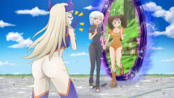 Rule 34 | !, 3girls, ass, black footwear, black jumpsuit, blonde hair, blue eyes, bodysuit, boku no hero academia, brown hair, city, crossover, diane (nanatsu no taizai), excited, giant, giantess, ginormica, holding hands, horns, jenny secret, jumpsuit, leg tattoo, monsters vs. aliens, mount lady, multiple girls, nanatsu no taizai, orange bodysuit, orange footwear, portal (object), purple bodysuit, tattoo, trait connection, white hair