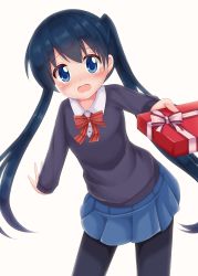 Rule 34 | 1girl, black pantyhose, blue eyes, blue hair, blue skirt, blue sweater, blush, bow, bowtie, closed eyes, commentary request, cowboy shot, flat chest, gift, highres, holding, holding gift, incoming gift, kin-iro mosaic, komichi aya, long hair, looking at viewer, minato ojitan, miniskirt, open mouth, pantyhose, pleated skirt, red bow, red bowtie, school uniform, serafuku, simple background, skirt, solo, standing, striped bow, striped bowtie, striped clothes, striped neckwear, sweater, tearing up, twintails, wavy mouth, white background, wing collar
