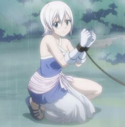 Rule 34 | 1girl, bare shoulders, blue eyes, fairy tail, gloves, lisanna strauss, rain, rope, screencap, solo, stitched, third-party edit, white hair
