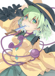 Rule 34 | 1girl, arm up, black hat, breasts, collared shirt, commentary request, cowboy shot, frilled shirt collar, frilled sleeves, frills, green eyes, green hair, grin, hat, hat ribbon, knife, knife in mouth, komeiji koishi, medium breasts, mouth hold, phone, ribbon, shirt, simple background, smile, solo, teeth hold, third eye, tororo (toriaezu), touhou, white background, yellow shirt