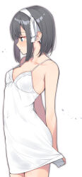 Rule 34 | 1girl, arms behind back, blue eyes, blush, breasts, character request, cleavage, collarbone, copyright request, covered navel, dress, hair ribbon, hairband, highres, medium breasts, ribbon, simple background, sleeveless, sleeveless dress, solo, thighs, white background, white dress, white hairband, white ribbon, yuuzuki (re&#039;ef)