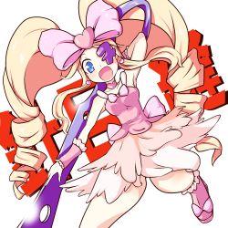 Rule 34 | 10s, 1girl, :d, big hair, blonde hair, blue eyes, bow, character name, curly hair, dress, drill hair, eyepatch, hair bow, harime nui, kill la kill, long hair, open mouth, pink bow, pink dress, pink skirt, scissor blade (kill la kill), skirt, smile, sokutenkun, solo, spoilers, twin drills, twintails, wrist cuffs