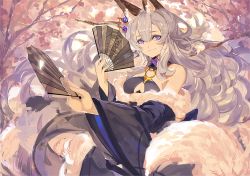 Rule 34 | 1girl, animal ears, bare shoulders, breasts, cherry blossoms, cleavage, facial mark, folding fan, fox ears, fox tail, hair between eyes, hair ornament, halterneck, hand fan, holding, japanese clothes, kanzashi, long hair, looking at viewer, multiple tails, o-ring, o-ring top, off shoulder, original, pixiv fantasia, pixiv fantasia t, purple eyes, saberiii, silver hair, smile, solo, tail, whisker markings, wide sleeves