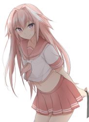 Rule 34 | 1boy, alternate hairstyle, arms behind back, astolfo (fate), astolfo (sailor paladin) (fate), bad id, bad pixiv id, blush, commentary request, fate/grand order, fate (series), hair down, hair tie, leaning forward, long hair, male focus, midriff, mobu, multicolored hair, navel, neckerchief, official alternate costume, pink hair, pink neckerchief, pink skirt, pleated skirt, revision, school uniform, serafuku, shirt, short sleeves, skirt, solo, straight hair, streaked hair, thighhighs, trap, two-tone hair, very long hair, white background, white hair, white shirt