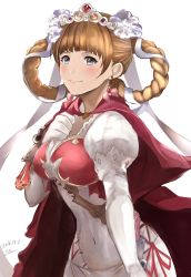 Rule 34 | 10s, 1girl, 2016, blue eyes, blunt bangs, blush, braid, breasts, cape, closed mouth, covered navel, dated, dress, earrings, elbow gloves, flower, gloves, granblue fantasy, hair flower, hair ornament, highres, jewelry, juliet (granblue fantasy), light brown hair, looking at viewer, medium breasts, nuu (liebe sk), puffy short sleeves, puffy sleeves, short hair, short sleeves, signature, smile, solo, tiara, twin braids, white gloves