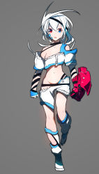Rule 34 | 1girl, :o, absurdres, black choker, blue eyes, choker, copyright request, full body, grey background, heterochromia, highres, looking at viewer, navel, niwarhythm, parted lips, power gloves, red eyes, shoes, shorts, simple background, solo, standing, standing on one leg, white footwear, white hair, white shorts