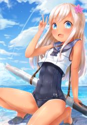 Rule 34 | 10s, 1girl, :d, absurdres, blonde hair, blue eyes, covered navel, crop top, flower, hair flower, hair ornament, highres, kantai collection, lifebuoy, long hair, old school swimsuit, one-piece swimsuit, one-piece tan, open mouth, ro-500 (kancolle), sailor collar, sakurano rocco, school swimsuit, slippers, smile, solo, squatting, swim ring, swimsuit, swimsuit under clothes, tan, tanline, torpedo, twitter username, v