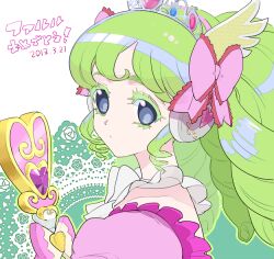 Rule 34 | 1girl, bow, closed mouth, colored eyelashes, commentary request, dated, dress, drill hair, falulu, green hair, grey eyes, hair bow, headphones, heart, long hair, looking at viewer, moudoku (decopon3rd), pink bow, pink dress, pretty series, pripara, sidelocks, solo, tiara, twintails, upper body, wand, wing hair ornament