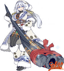 Rule 34 | 1girl, black gloves, blue eyes, blue hair, boots, breasts, female focus, full body, gloves, highres, hood, huge breasts, looking at viewer, matching hair/eyes, monster hunter (series), original, shoes, simple background, solo, spiked shoes, spikes, sweater, white background, yoshida hideyuki