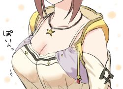 Rule 34 | 1girl, atelier (series), atelier ryza, atelier ryza 1, bad id, bad pixiv id, bare shoulders, breast focus, breasts, cleavage, collarbone, commentary request, engiyoshi, jewelry, medium breasts, necklace, out of frame, reisalin stout, shirt, simple background, solo, star (symbol), star necklace, white background, white shirt