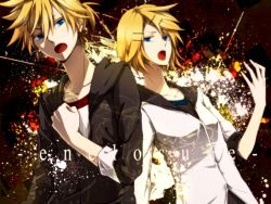 Rule 34 | 1boy, 1girl, blonde hair, blue eyes, brother and sister, clenched hand, fukkin (hukkyunzzz), hair ornament, hairclip, hand on own chest, hukkyunzzz, kagamine len, kagamine rin, music, open mouth, short hair, siblings, singing, twins, vocaloid