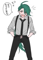 Rule 34 | 1girl, absurdres, ahoge, androgynous, black gloves, black necktie, black pants, blush, collared shirt, commentary request, creatures (company), ear piercing, earrings, game freak, gloves, green hair, grey shirt, highres, jewelry, kashikaze, long hair, long sleeves, necktie, nintendo, open mouth, pants, piercing, pokemon, pokemon sv, red eyes, rika (pokemon), shirt, simple background, solo, speech bubble, suspenders, teeth, translation request, upper teeth only, very long hair, white background