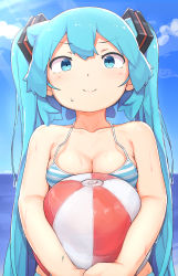 Rule 34 | 1girl, abmayo, absurdres, ball, beachball, bikini, blue eyes, blue hair, blue sky, breasts, cleavage, commentary request, day, halterneck, hatsune miku, highres, long hair, looking at viewer, medium breasts, sky, smile, solo, striped bikini, striped clothes, swimsuit, twintails, upper body, very long hair, vocaloid
