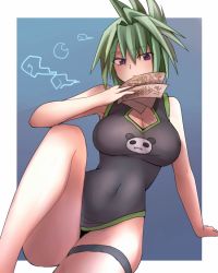Rule 34 | 1girl, bare shoulders, between fingers, breasts, cleavage, cleavage cutout, clothing cutout, female focus, green hair, holding, large breasts, ofuda, ofuda between fingers, ohoo, one-piece swimsuit, panda, purple eyes, shaman king, sitting, solo, spiked hair, swimsuit, tao jun, thigh strap