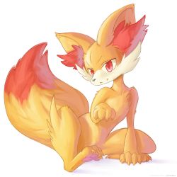 Rule 34 | :3, ancesra, animal ear fluff, animal focus, artist name, claws, closed mouth, creatures (company), fennekin, full body, game freak, gen 6 pokemon, hand up, highres, looking at viewer, nintendo, no humans, patreon username, pawpads, pokemon, pokemon (creature), red eyes, sideways mouth, simple background, sitting, solo, watermark, web address, white background, yellow theme