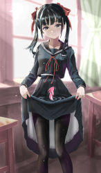 Rule 34 | 1girl, absurdres, backlighting, black hair, black pantyhose, black sailor collar, black serafuku, black shirt, black skirt, blunt bangs, bow, classroom, closed mouth, clothes lift, collarbone, collared shirt, fish, goldfish, hair bow, head tilt, highres, hxk4 n, indoors, lifted by self, long hair, long skirt, long sleeves, looking at viewer, mole, mole under eye, neck ribbon, original, pantyhose, pleated skirt, red bow, red ribbon, ribbon, sailor collar, sailor shirt, school uniform, serafuku, shirt, skirt, skirt lift, smile, solo, standing, twintails, yellow eyes