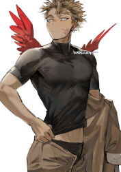 Rule 34 | 1boy, artist name, black male underwear, black shirt, blonde hair, boku no hero academia, brown jacket, brown pants, closed mouth, covered collarbone, facial hair, feathered wings, hawks (boku no hero academia), jacket, jacket partially removed, kadeart, looking back, male focus, male underwear, navel, open fly, pants, red wings, scar, scar on face, scar on neck, shirt, short hair, short sleeves, signature, simple background, solo, standing, stubble, t-shirt, underwear, white background, wings, yellow eyes