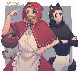 Rule 34 | 2boys, :3, alcohol, alternate costume, animal ears, animification, apron, avengers (series), basket, beard, belt, big bad wolf, big bad wolf (grimm) (cosplay), black belt, black hair, black shirt, blonde hair, blue eyes, border, bread, capelet, center frills, closed mouth, collared shirt, cosplay, crossed arms, facial hair, film grain, flexing, food, frills, frown, green eyes, grey background, hair slicked back, halloween, hand on own hip, happy halloween, highres, hood, hood up, little red riding hood, little red riding hood (grimm), little red riding hood (grimm) (cosplay), loki (marvel), long sleeves, looking at another, male focus, marvel, marvel cinematic universe, medium hair, mjolnir (marvel), multiple boys, neck ribbon, outside border, pants, pin (penco co), red capelet, red skirt, ribbon, shirt, sideways glance, simple background, skirt, squiggle, tail, thor (marvel), waist apron, white border, white pants, white ribbon, wine, wolf ears, wolf tail