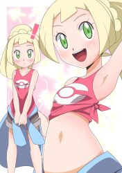 Rule 34 | !, 1girl, alternate costume, belly, blonde hair, blush, breasts, clothes around waist, creatures (company), denim, floral background, game freak, green eyes, hainchu, highres, lillie (pokemon), looking at viewer, midriff, multiple views, navel, nintendo, open mouth, pokemon, pokemon sm, shirt, shirt around waist, shorts, side-tie shirt, small breasts, smile, tank top