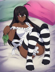 Rule 34 | 1girl, :&lt;, absurdres, ahoge, alternate hairstyle, apron, bad id, bad pixiv id, black hair, borrowed character, breasts, chuunioniika, cleavage, commentary, commission, covering crotch, covering privates, cyron tanryoku, dark-skinned female, dark skin, english commentary, feet, glasses, green-framed eyewear, hair between eyes, hair down, highres, knees together feet apart, large breasts, long hair, looking at viewer, lying, nail polish, naked apron, no panties, no shoes, on back, on bed, original, red eyes, semi-rimless eyewear, sideboob, solo, strap slip, striped clothes, striped thighhighs, thighhighs, under-rim eyewear, unworn ribbon, very dark skin