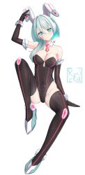 Rule 34 | 1girl, absurdres, alternate costume, android, animal ears, aqua eyes, aqua hair, bare shoulders, black gloves, black thighhighs, blue hair, breasts, cleavage, covered navel, detached collar, elbow gloves, fake animal ears, full body, gloves, high heels, highres, ico (megaman x dive), leotard, light blue hair, long hair, looking at viewer, medium breasts, mega man (series), mega man x (series), mega man x dive, necktie, playboy bunny, rabbit ears, red necktie, ryncka, solo, thighhighs, white background