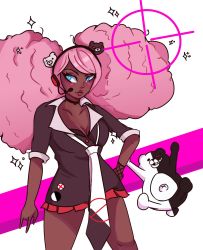 Rule 34 | 1girl, absurdres, afro, afro puffs, badge, bear hair ornament, black bra, black choker, black hairband, black headband, black headwear, blue eyes, blush, bra, breasts, button badge, buttons, choker, cleavage, collarbone, danganronpa (series), danganronpa another episode: ultra despair girls, dark-skinned female, dark skin, eyebrows, eyebrows hidden by hair, frown, gloves, hair ornament, hairband, hand on own hip, headband, headset, headwear request, heart, highres, lace, lace gloves, long eyelashes, long hair, looking to the side, makeup, microphone, monokuma, necktie, pink background, pink hair, pout, red skirt, second generation enoshima junko, shirt, sign of the horns, sillywhimart, simple background, single glove, skirt, underwear, white background