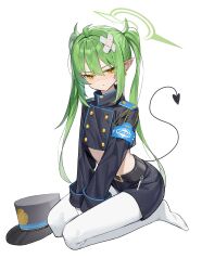 Rule 34 | 1girl, absurdres, ahoge, armband, bandaid, bandaid on head, black shirt, black shorts, blue archive, blue armband, blush, crop top, crossed bandaids, demon girl, demon tail, full body, green hair, green halo, halo, nozomi (blue archive), highres, long hair, long sleeves, looking at viewer, midriff, pantyhose, pointy ears, seiza, shirt, shorts, sitting, soles, solo, sugar (dndi888), tail, twintails, unworn headwear, v-shaped eyebrows, very long hair, white pantyhose, yellow eyes
